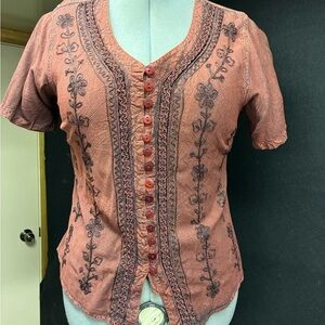 Embroidered Button-Up Blouse in Terracotta